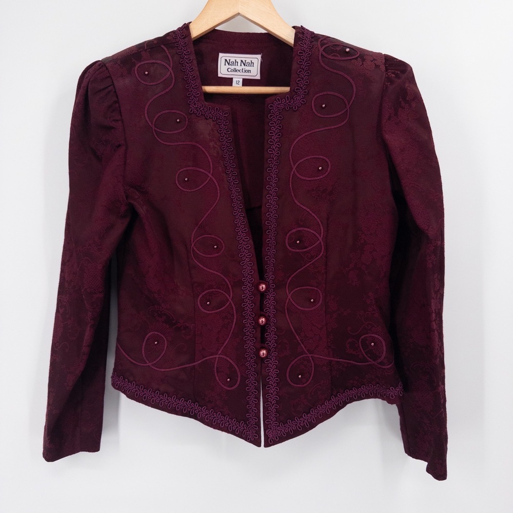 VTG Whimsigoth Nah Nah Burgundy Brocade Jacket‎ Top Sz 12 Witchy Victorian Goth